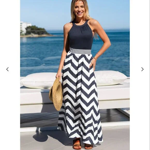 chinese dress ladies Chevron Halter Neck Maxi Dress | 2 Colors